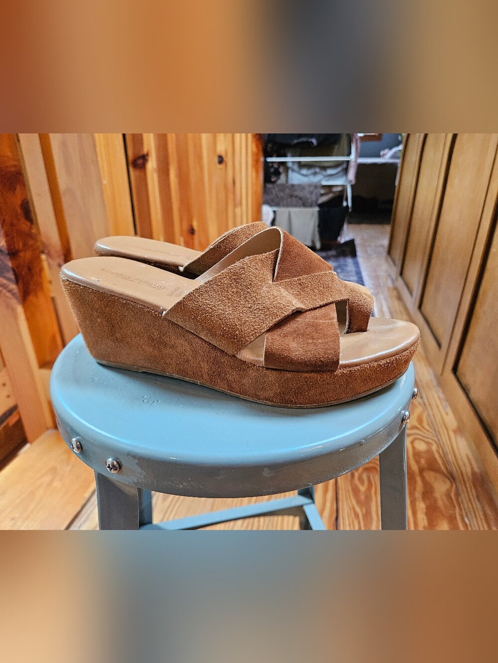 Sophia Milano Italy Brown Suede And Leather Wedge Slide Sandals 9 Wide
